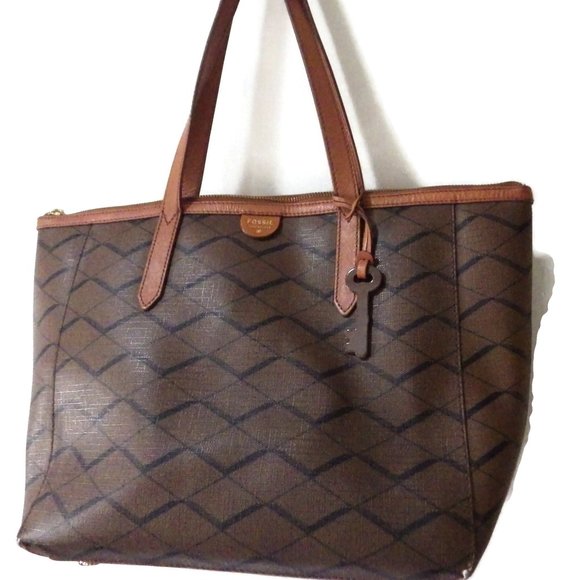 Beautiful FOSSIL Sydney Tote/ Brown Diamond Pattern/ Key/ Excellent Condition - Picture 4 of 9